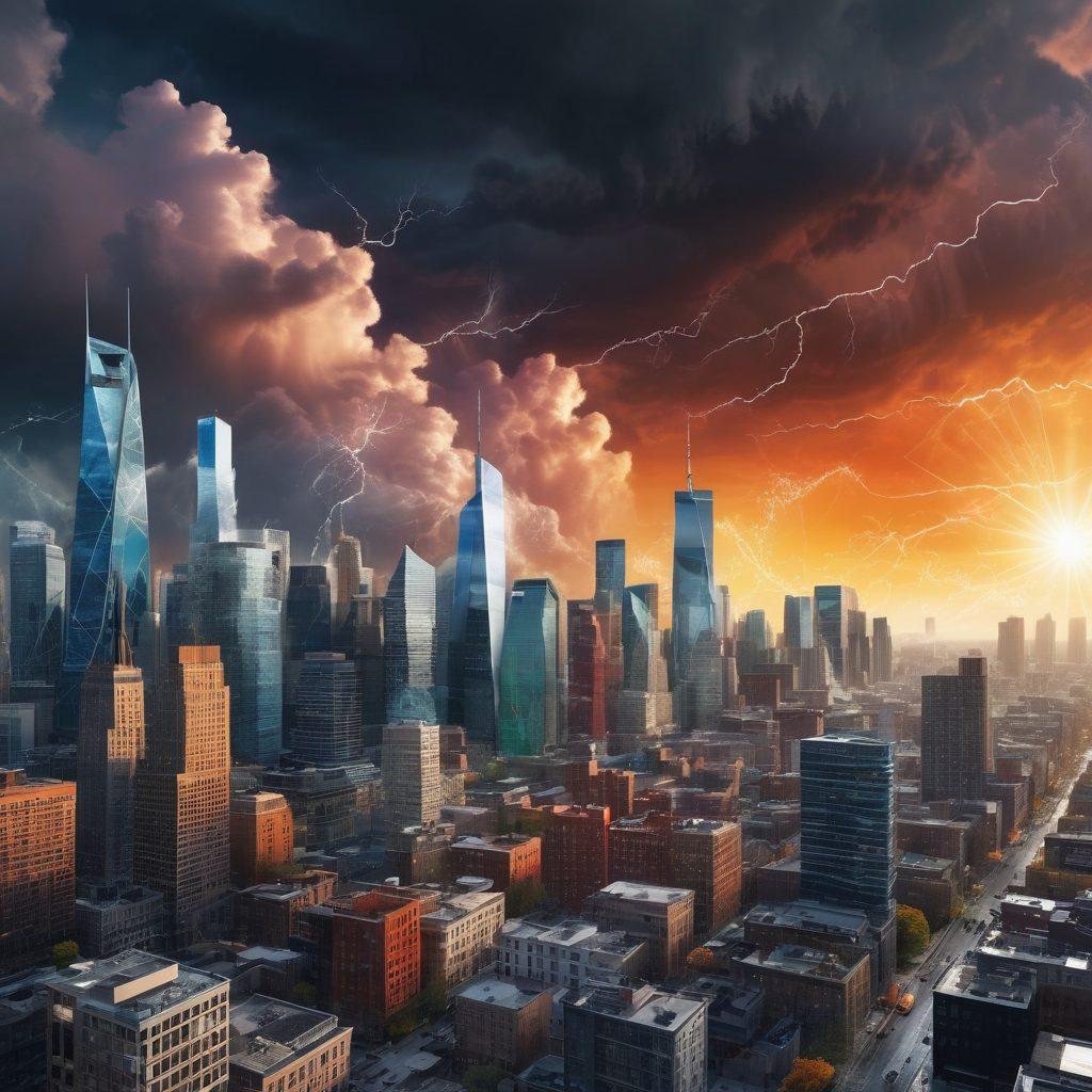 A dynamic swirling representation of weather patterns, featuring contrasting elements like sun, storm clouds, and wind. Overlay a modern city skyline in the background to signify contemporary life affected by climate change. Incorporate icons for technology and climate insights, like graphs and alerts. Use vibrant colors to emphasize urgency and adaptation. super-realistic. vibrant colors. 3D.