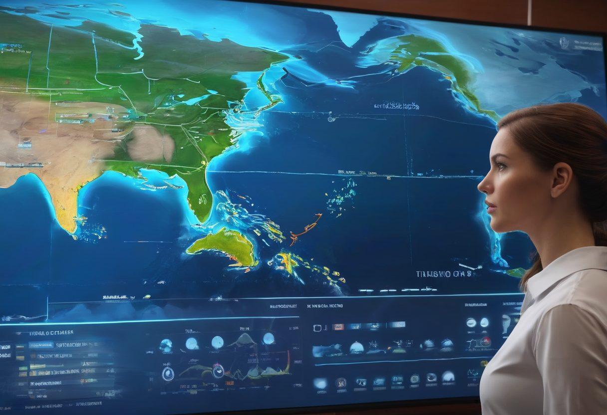 A knowledgeable meteorologist analyzing data on a futuristic digital map displaying temperature trends and hurricane paths. Incorporate animated weather icons like clouds and storm symbols around the map, deep blue ocean waves at the bottom, and vibrant radar screens in the background. Evoke a sense of innovation in meteorology with a sleek technology vibe. super-realistic. vibrant colors. high-tech ambiance.