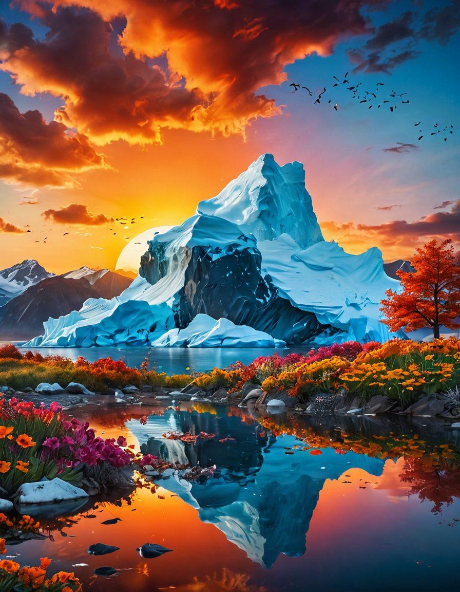A visually striking landscape depicting the effects of climate change, with a melting iceberg in the foreground and a vibrant sunset in the background. Include seasonal markers like autumn leaves falling and spring flowers blooming, symbolizing change across seasons. Overlay graphic icons representing key insights like CO2 levels and temperature changes. The mood should convey urgency and hope for the future. super-realistic. vibrant colors. 3D.